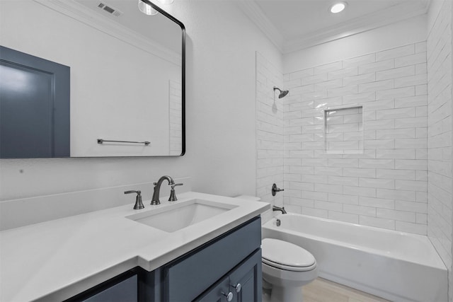 full bathroom with visible vents, toilet, ornamental molding, shower / bathing tub combination, and vanity