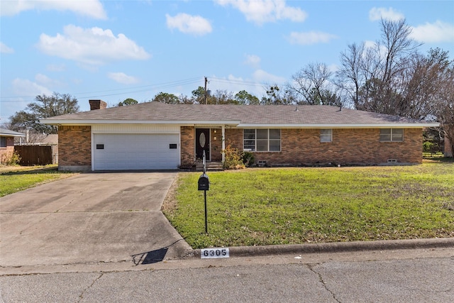 ranch-style house with brick siding, a front lawn, concrete driveway, a chimney, and an attached garage