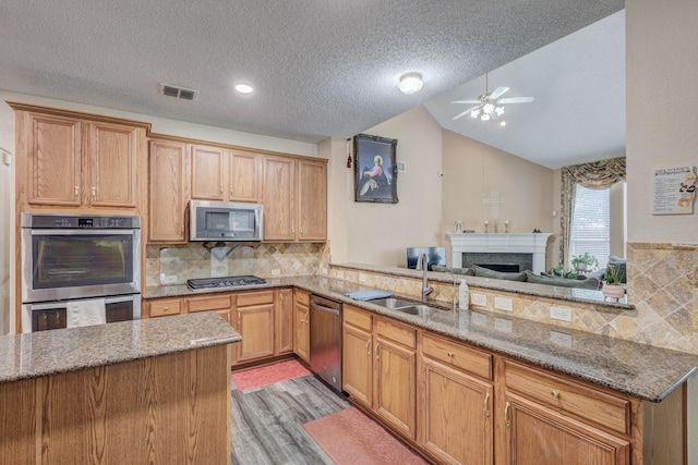 kitchen featuring visible vents, a ceiling fan, a sink, light stone counters, and appliances with stainless steel finishes