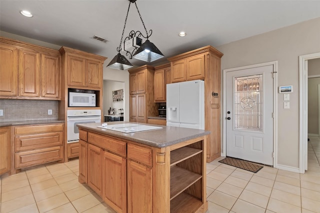 kitchen with light tile patterned floors, decorative backsplash, white appliances, and open shelves