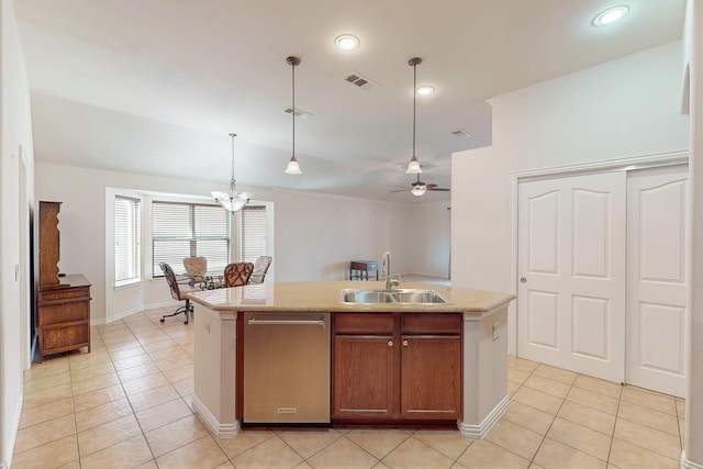 kitchen with visible vents, a sink, light tile patterned floors, stainless steel dishwasher, and a kitchen island with sink