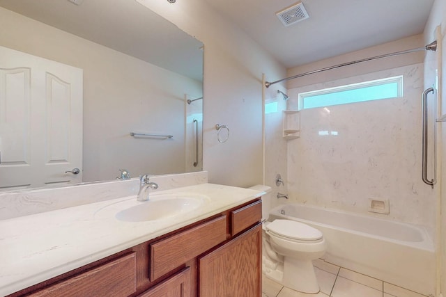 bathroom with vanity, visible vents, tile patterned floors, toilet, and shower / bathtub combination