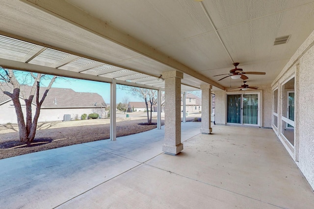 view of patio / terrace featuring visible vents, a pergola, and a ceiling fan