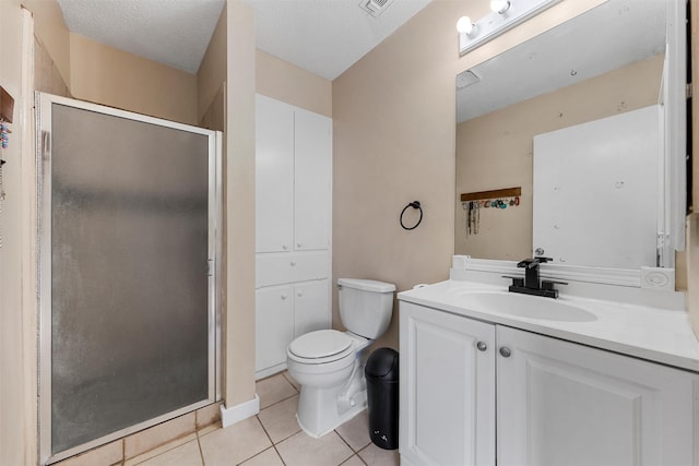 bathroom with vanity, tile patterned flooring, a shower stall, a textured ceiling, and toilet