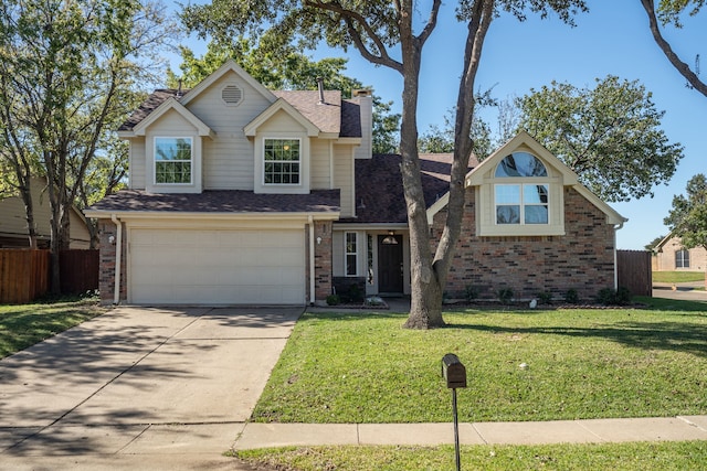 traditional home featuring a garage, concrete driveway, a front lawn, and fence