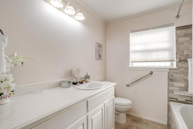 bathroom with baseboards, vanity, toilet, and crown molding