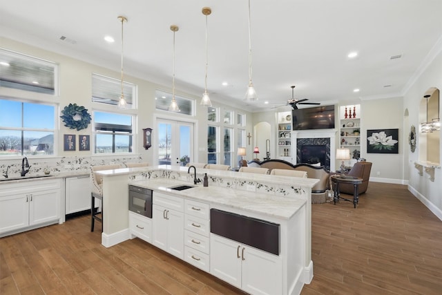 kitchen featuring ceiling fan, ornamental molding, wood finished floors, and a sink