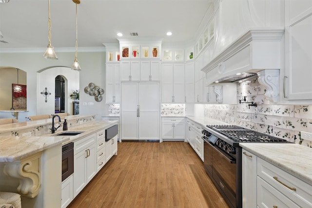 kitchen featuring hanging light fixtures, high end range, ornamental molding, and decorative backsplash