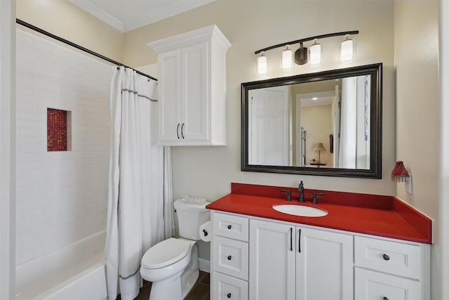 full bathroom featuring vanity, crown molding, toilet, and shower / bathtub combination with curtain