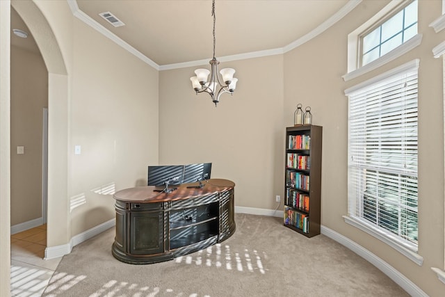 carpeted home office featuring visible vents, arched walkways, an inviting chandelier, and ornamental molding