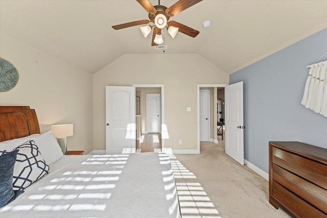 bedroom featuring a ceiling fan, visible vents, baseboards, vaulted ceiling, and light colored carpet