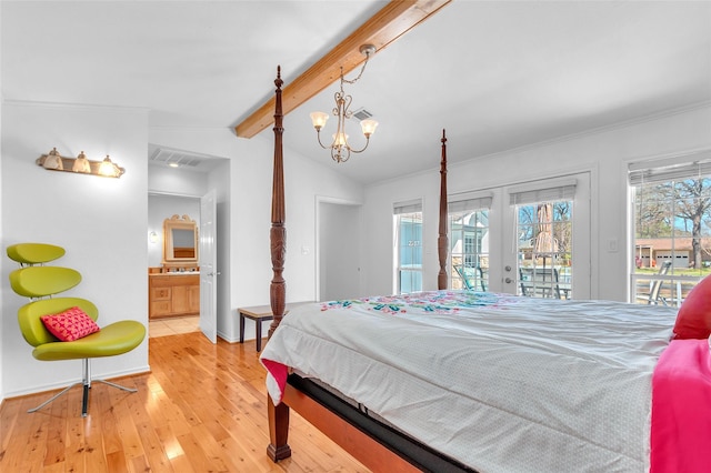 bedroom featuring access to exterior, lofted ceiling with beams, multiple windows, and visible vents