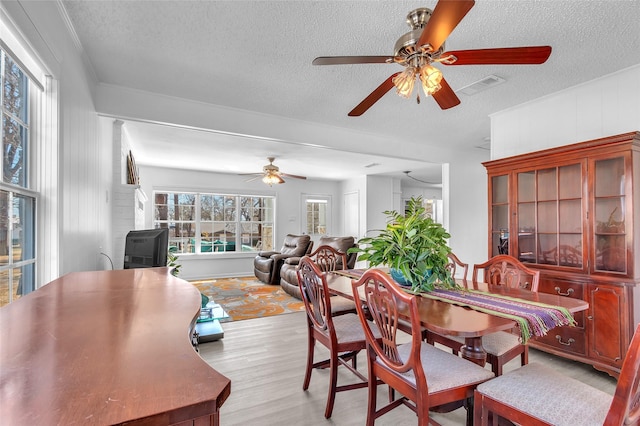 dining space with visible vents, a textured ceiling, wood finished floors, and a ceiling fan