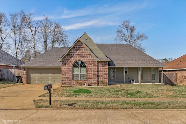 view of front of home with a garage, a front lawn, driveway, and fence