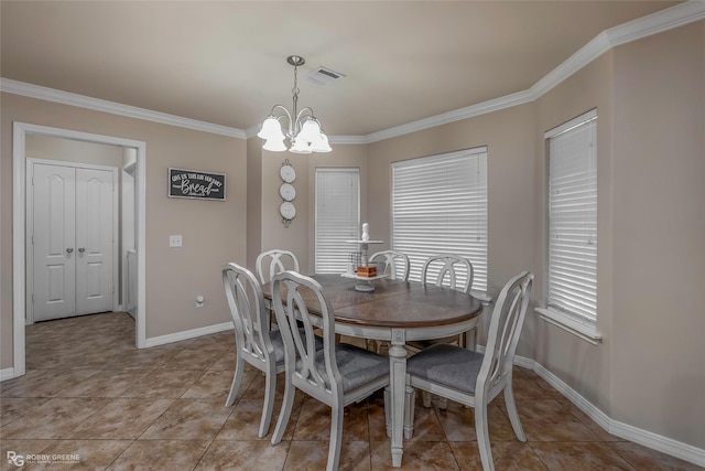 dining space with visible vents, an inviting chandelier, crown molding, light tile patterned floors, and baseboards