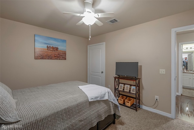 bedroom featuring light carpet, visible vents, a ceiling fan, and baseboards