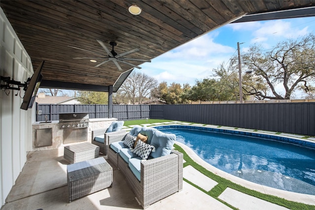 view of pool with a fenced in pool, outdoor lounge area, a fenced backyard, a patio area, and area for grilling