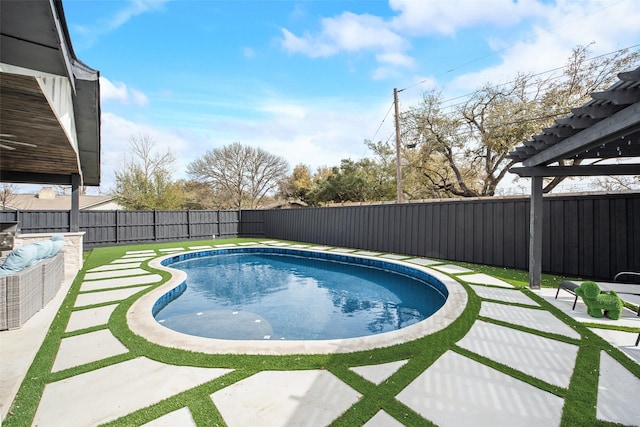 view of pool featuring a fenced in pool, a patio, a fenced backyard, and a pergola