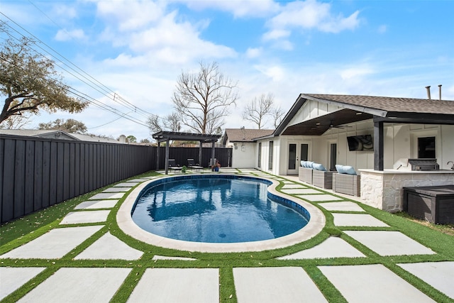 view of pool with a pergola, a fenced backyard, outdoor lounge area, a fenced in pool, and a patio area