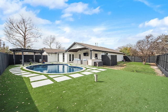 back of house with a lawn, a pergola, an outdoor living space, a fenced backyard, and a fenced in pool