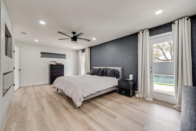 bedroom with light wood finished floors, visible vents, recessed lighting, and a ceiling fan