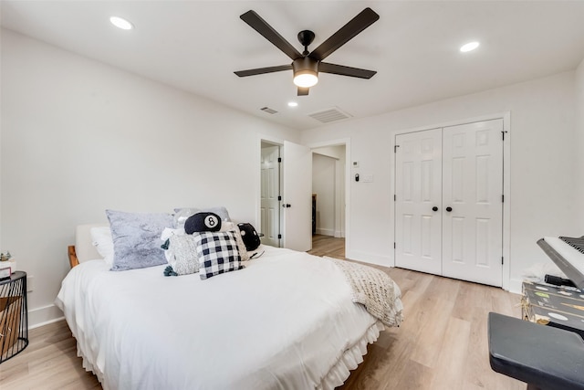 bedroom featuring visible vents, recessed lighting, and light wood-type flooring