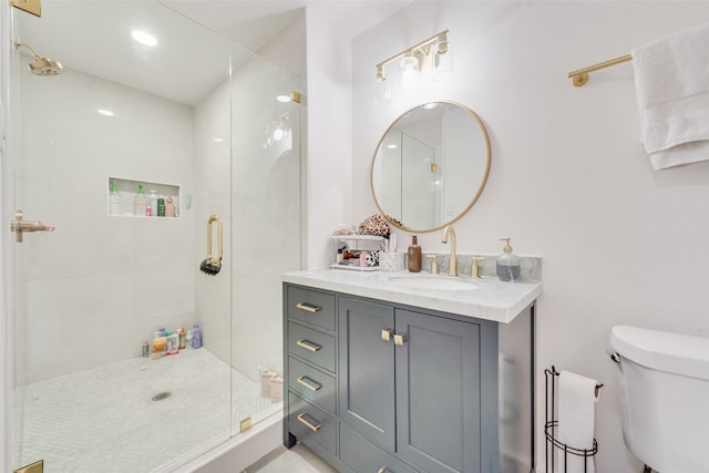 full bathroom featuring toilet, a stall shower, and vanity