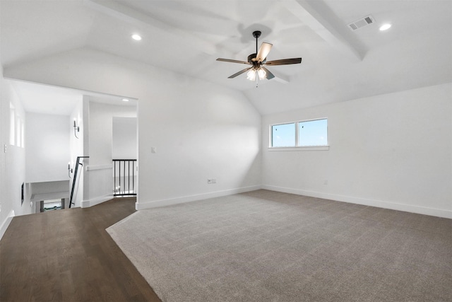 spare room featuring visible vents, ceiling fan, baseboards, vaulted ceiling, and recessed lighting