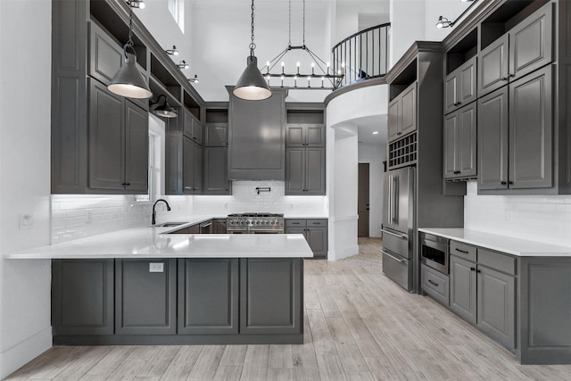 kitchen with open shelves, high end appliances, a peninsula, and a sink