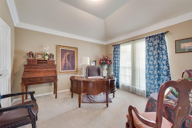 office area with baseboards, ornamental molding, and carpet flooring