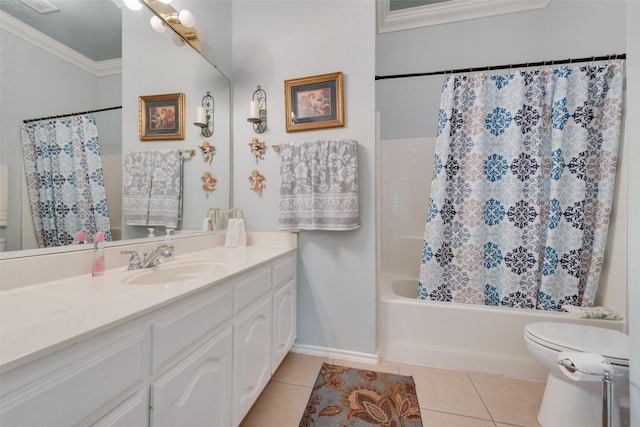 full bath featuring vanity, tile patterned flooring, shower / tub combo, crown molding, and toilet