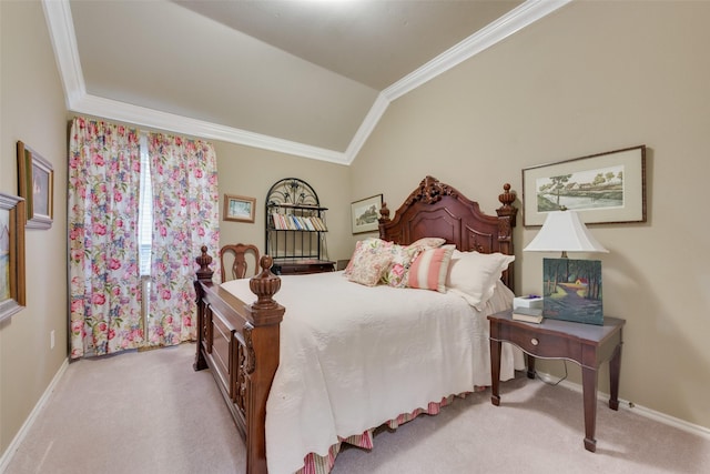 bedroom featuring carpet flooring, baseboards, lofted ceiling, and ornamental molding