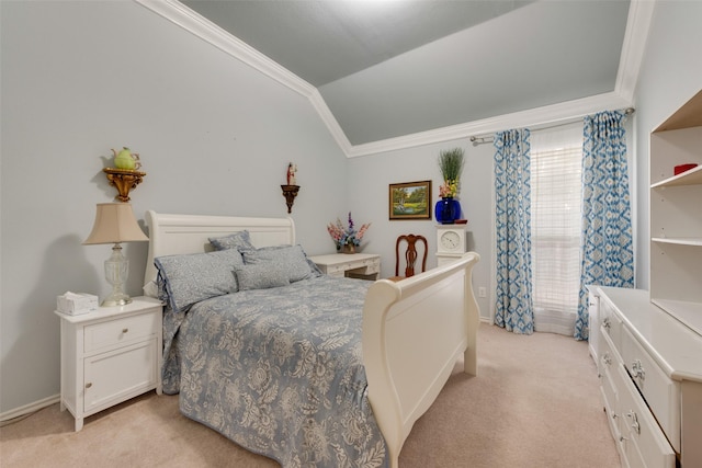 bedroom featuring light colored carpet, ornamental molding, and vaulted ceiling