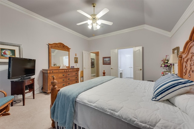 bedroom with ceiling fan, lofted ceiling, light colored carpet, and ornamental molding