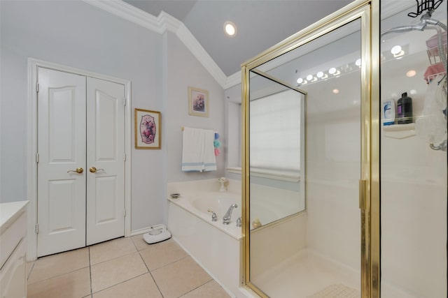 full bath with tile patterned flooring, a stall shower, crown molding, and lofted ceiling