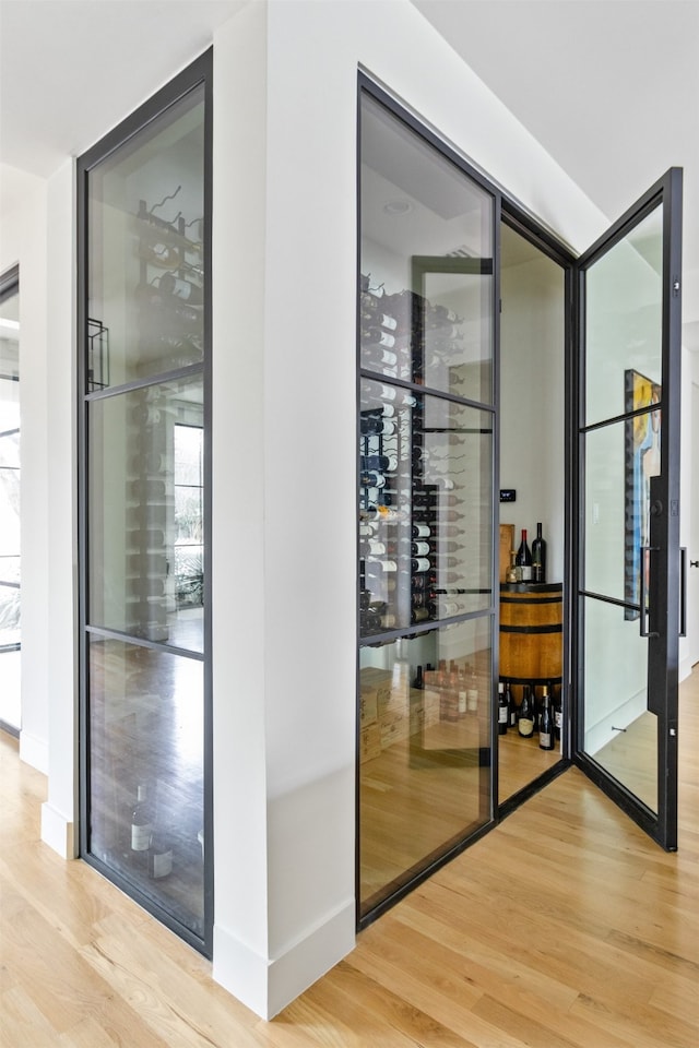 wine area with baseboards and wood finished floors