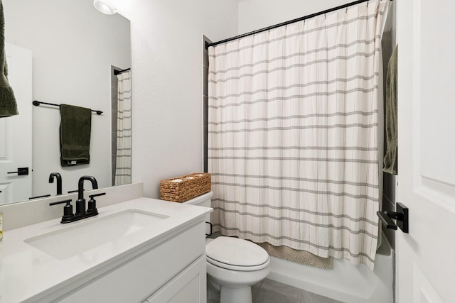 bathroom featuring shower / bath combination with curtain, toilet, and vanity