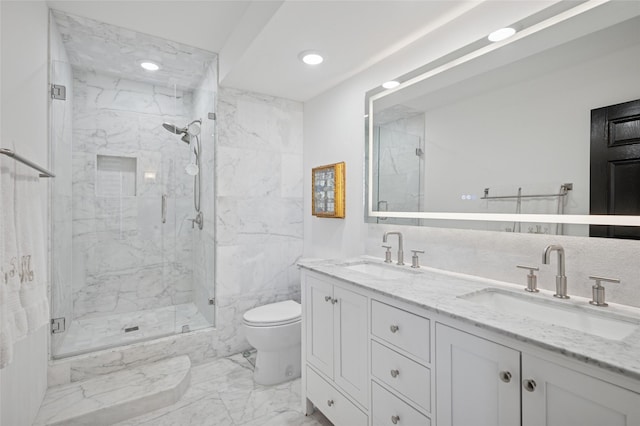 full bath with marble finish floor, a marble finish shower, and a sink