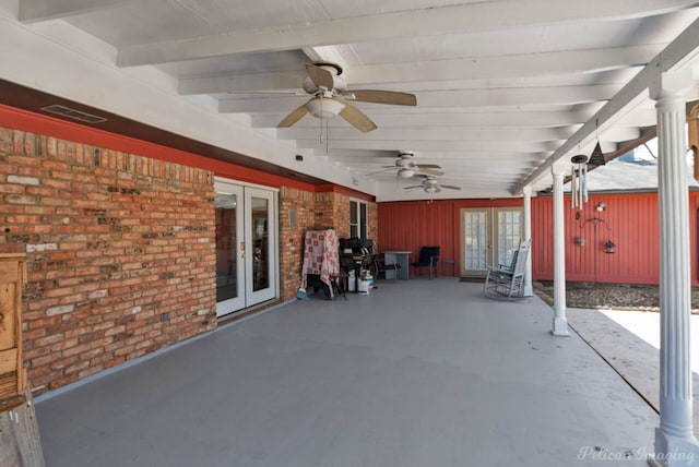 view of patio featuring french doors, visible vents, and ceiling fan