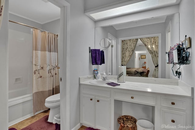 full bath with toilet, vanity, and shower / bath combination with curtain