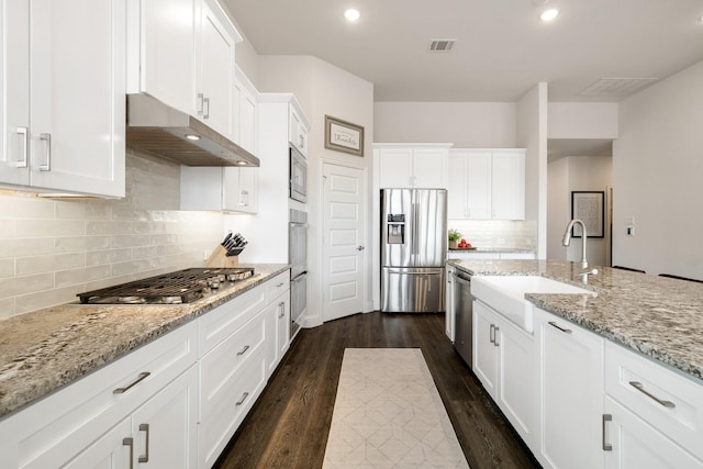 kitchen with visible vents, a sink, stainless steel appliances, dark wood-type flooring, and under cabinet range hood