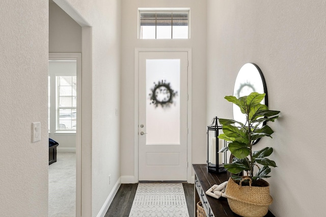 foyer with baseboards and wood finished floors