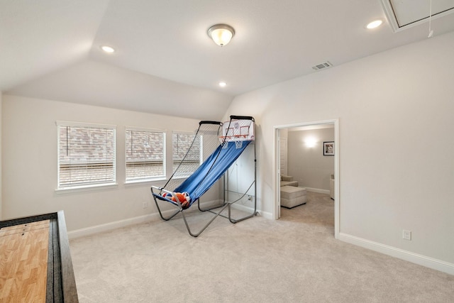 rec room with baseboards, visible vents, carpet floors, lofted ceiling, and recessed lighting