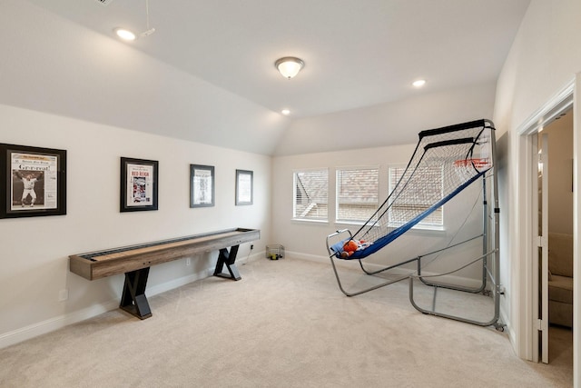 playroom with vaulted ceiling, recessed lighting, carpet, and baseboards