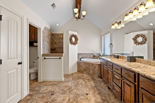 full bathroom with visible vents, walk in shower, a garden tub, lofted ceiling, and vanity