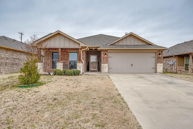 single story home with brick siding, board and batten siding, concrete driveway, roof with shingles, and an attached garage