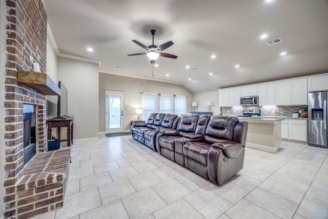 living room featuring visible vents, crown molding, baseboards, light tile patterned floors, and a ceiling fan