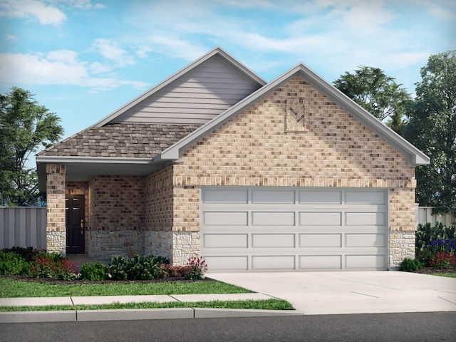 single story home with brick siding, driveway, a shingled roof, and a garage