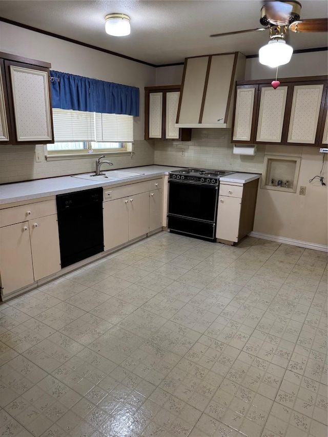 kitchen featuring a sink, black appliances, extractor fan, light countertops, and tasteful backsplash