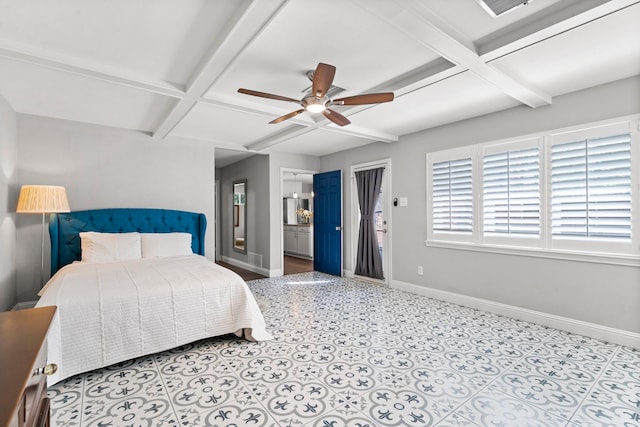 bedroom with beam ceiling, baseboards, coffered ceiling, and ceiling fan